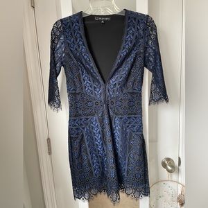 For Love And Lemons Black and Blue Lace V-neck Size Small Quarter Sleeve Dress